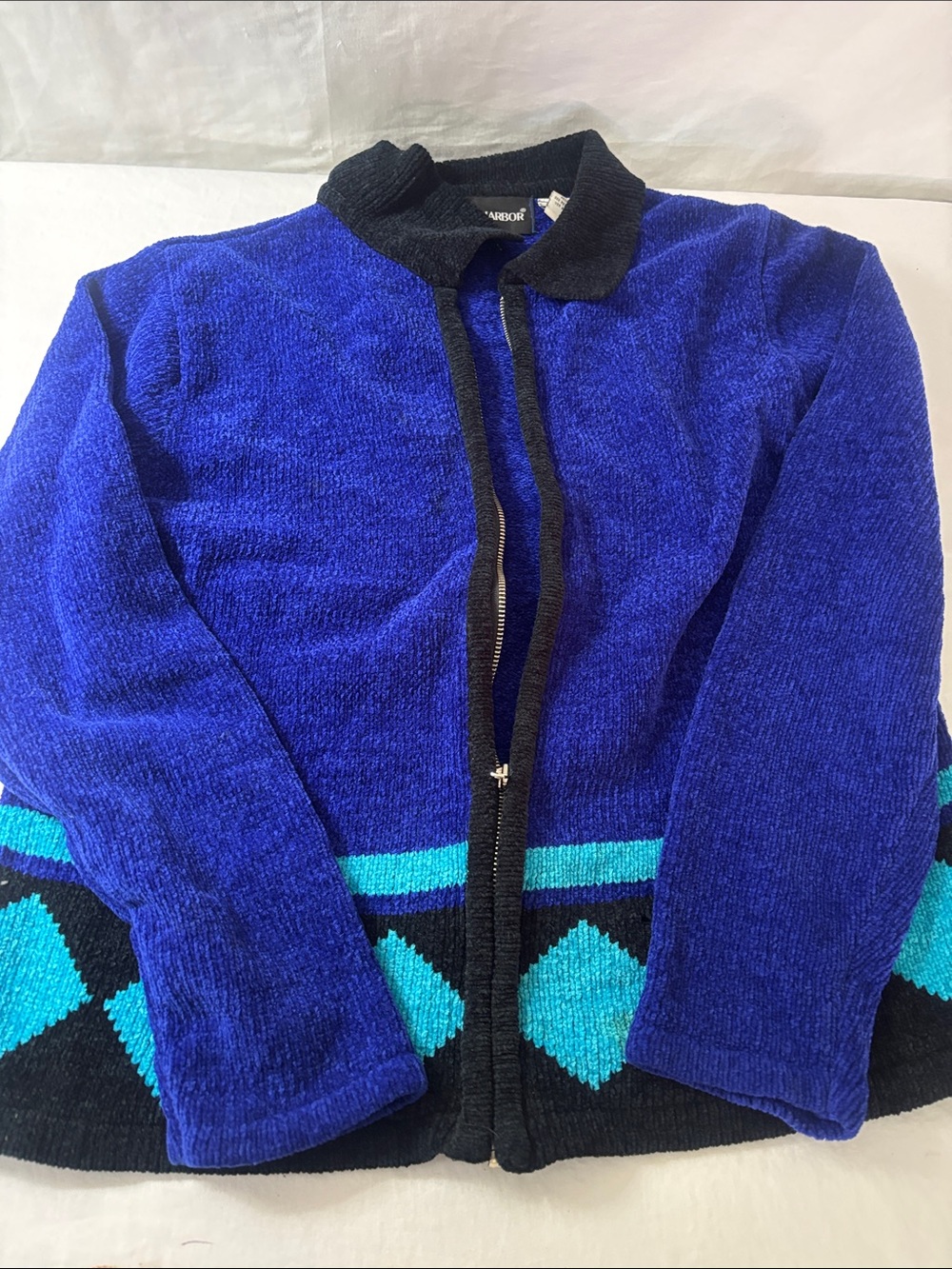 Woman’s Blue Geometric Knit Zip Sweater Jacket - Sag Harbor Vintage Size S.